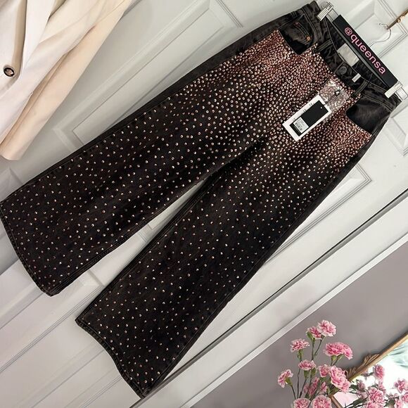 One Teaspoon Embellished Love Machine Jeans Wide Leg Dark Wash Sequin Studded - Picture 2 of 14